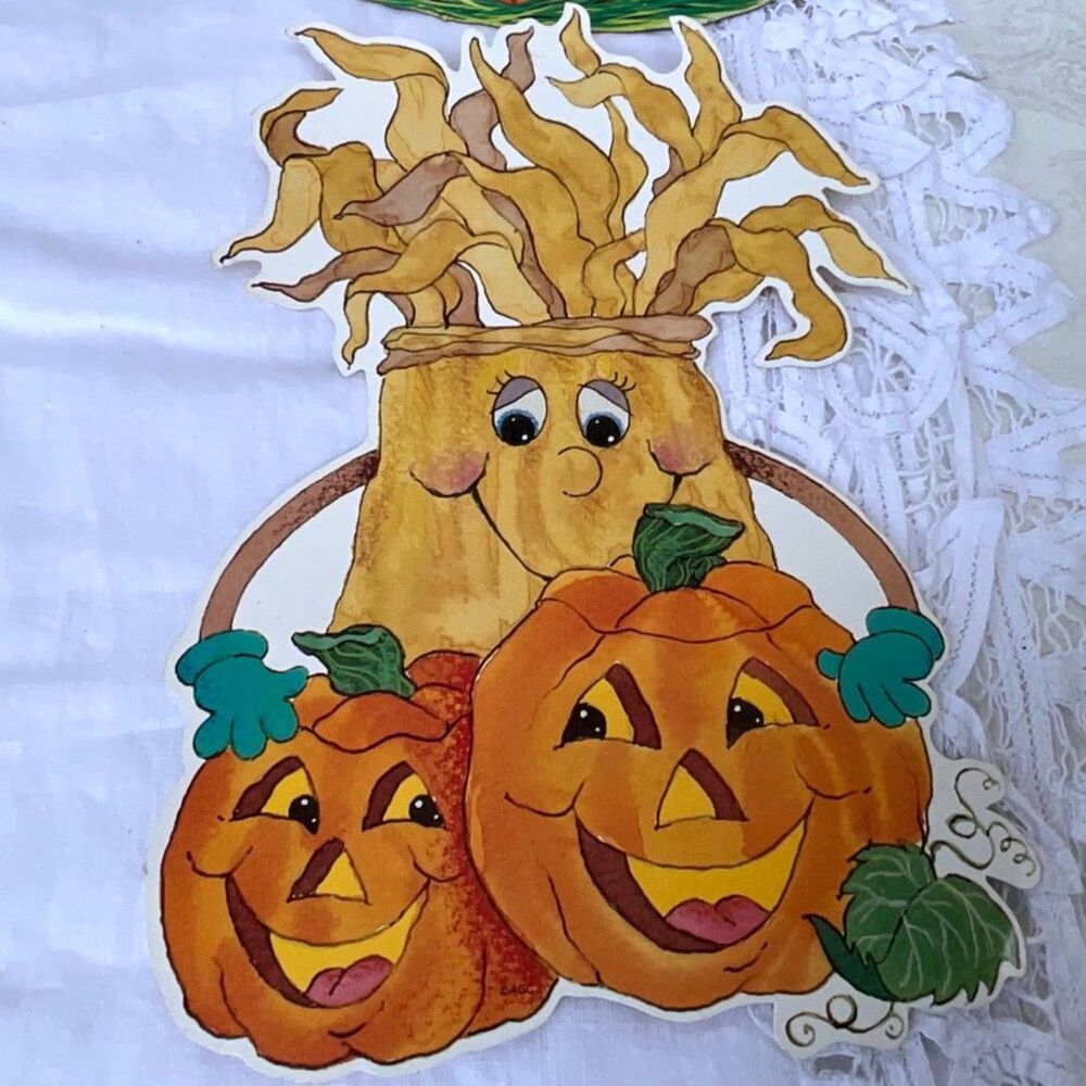 4 vintage Halloween window die cut paper decorations pumpkins, cat, hay stack - Picture 2 of 11